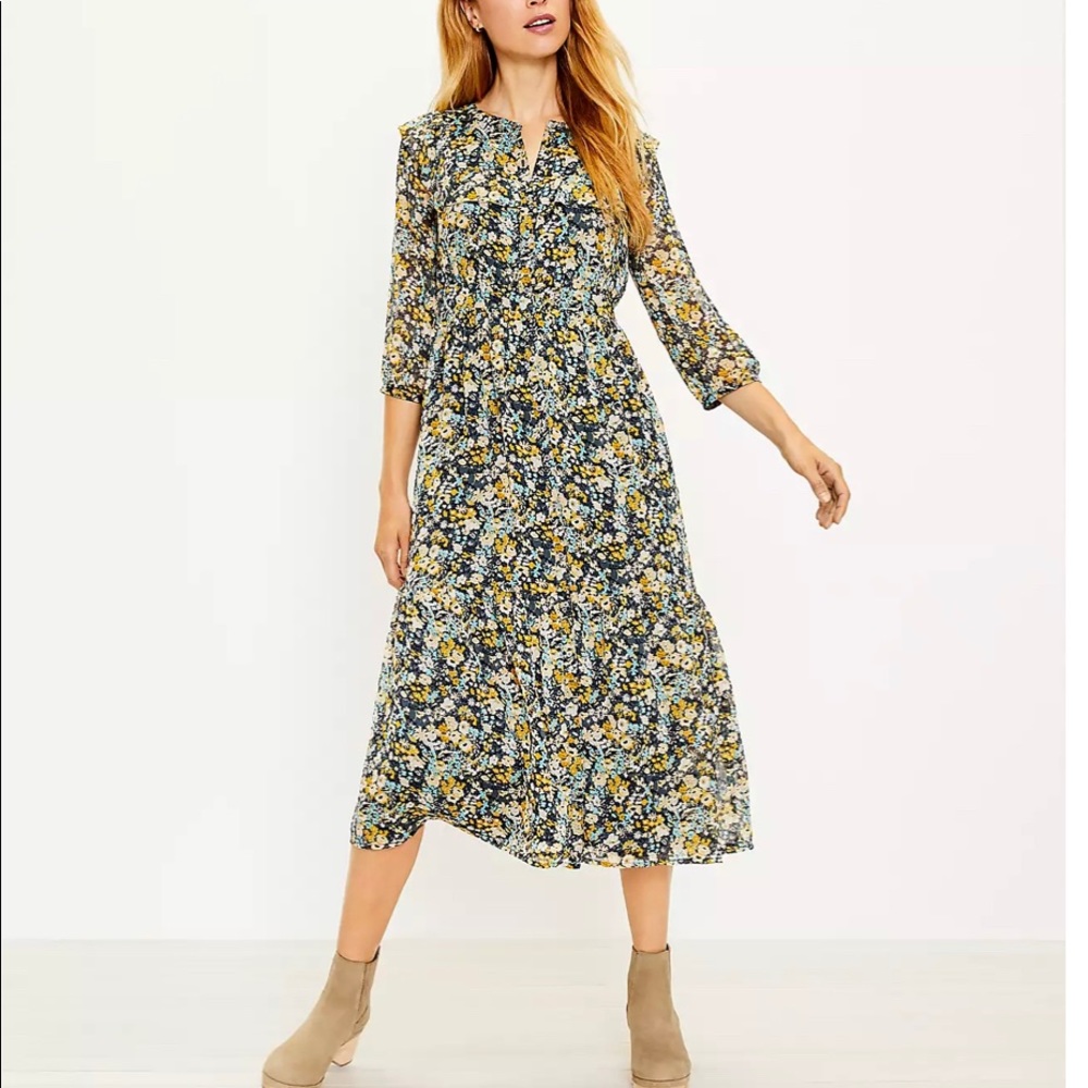 Loft XS Floral Ruffle Midi Shirtdress